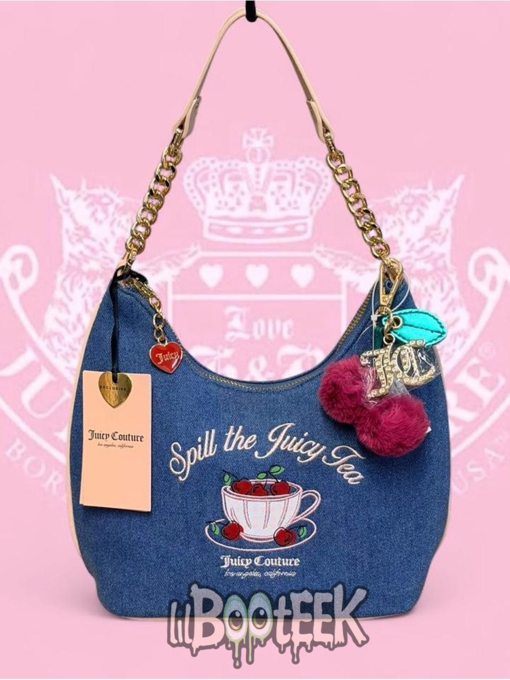 Juicy Couture Sweet Spill the Tea Party Denim Hobo Satchel Bag NEW VIRAL Y2K